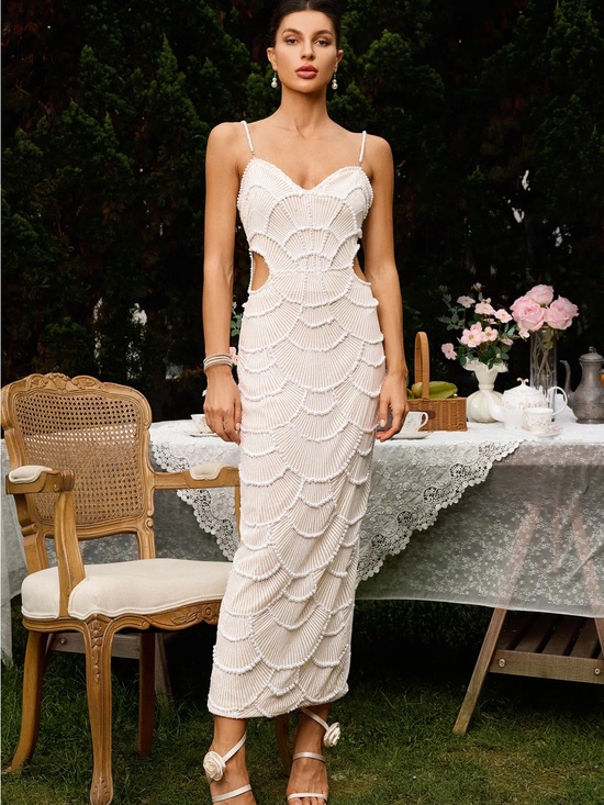 Bella Barnett Dresses & Skirts - Beaded Scallop Midi Dress with Side Cutouts - White